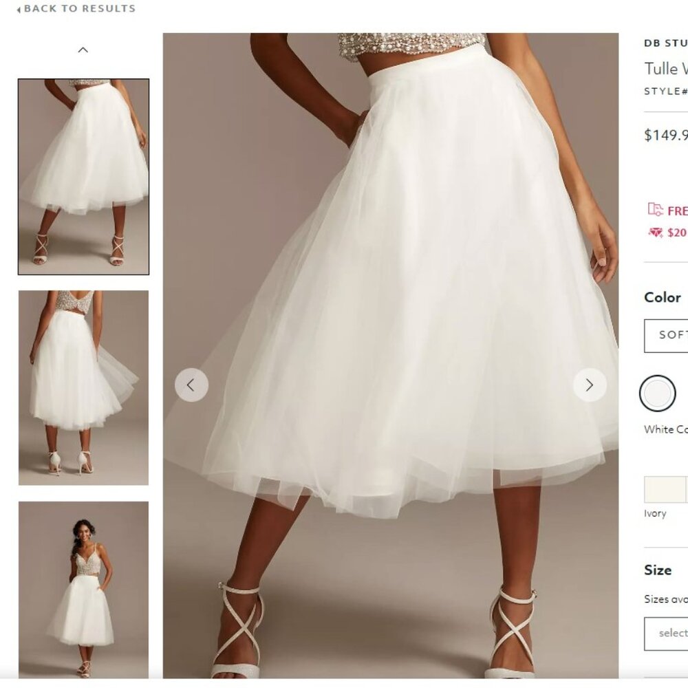 DB Studio Tulle Wedding Separates Midi Skirt Soft White / Size 4